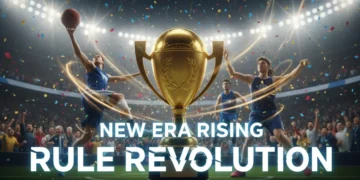 Championship trophy with dynamic blurred action and cheering fans in a stadium.