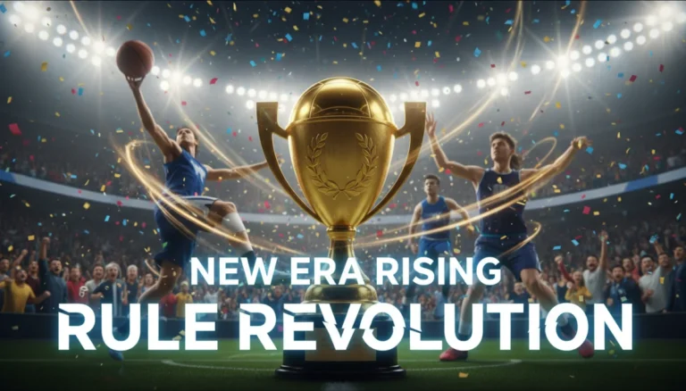 Championship trophy with dynamic blurred action and cheering fans in a stadium.