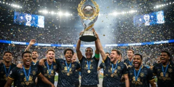 Triumphant team hoisting a championship trophy amidst confetti, symbolizing victory in the 2026 Championship Battle.