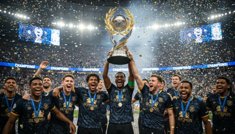 Triumphant team hoisting a championship trophy amidst confetti, symbolizing victory in the 2026 Championship Battle.