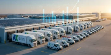 Modern commercial vehicle fleet parked at a logistics hub at dawn, symbolizing efficient operations and cost savings.
