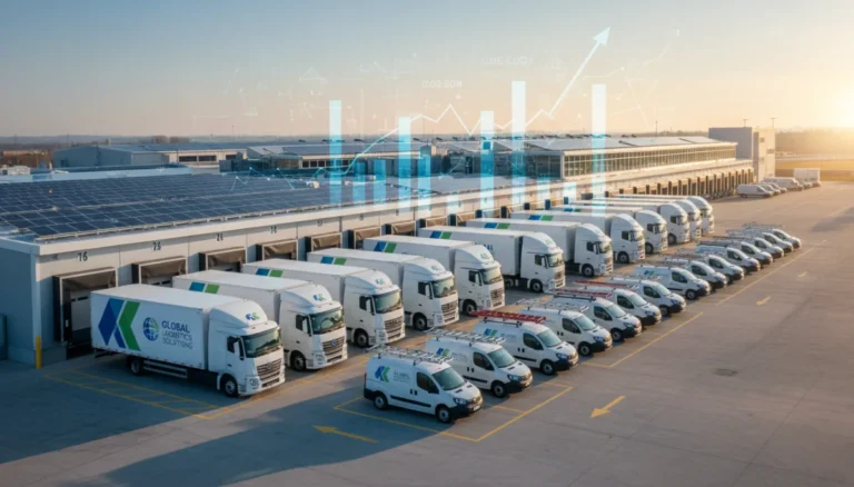 Modern commercial vehicle fleet parked at a logistics hub at dawn, symbolizing efficient operations and cost savings.