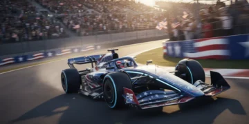 Futuristic F1 car showcasing 2026 regulations on a track with US flags