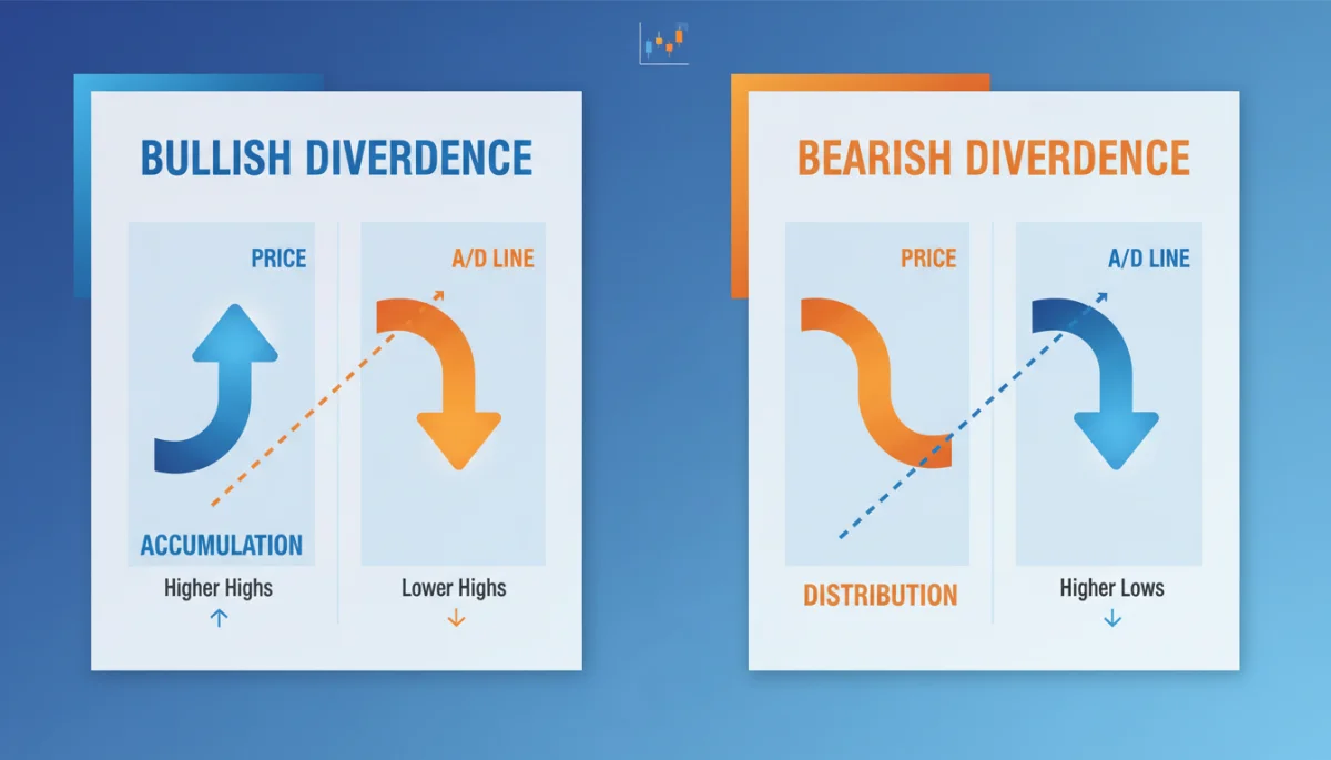 Bullish and bearish A/D line divergence infographic