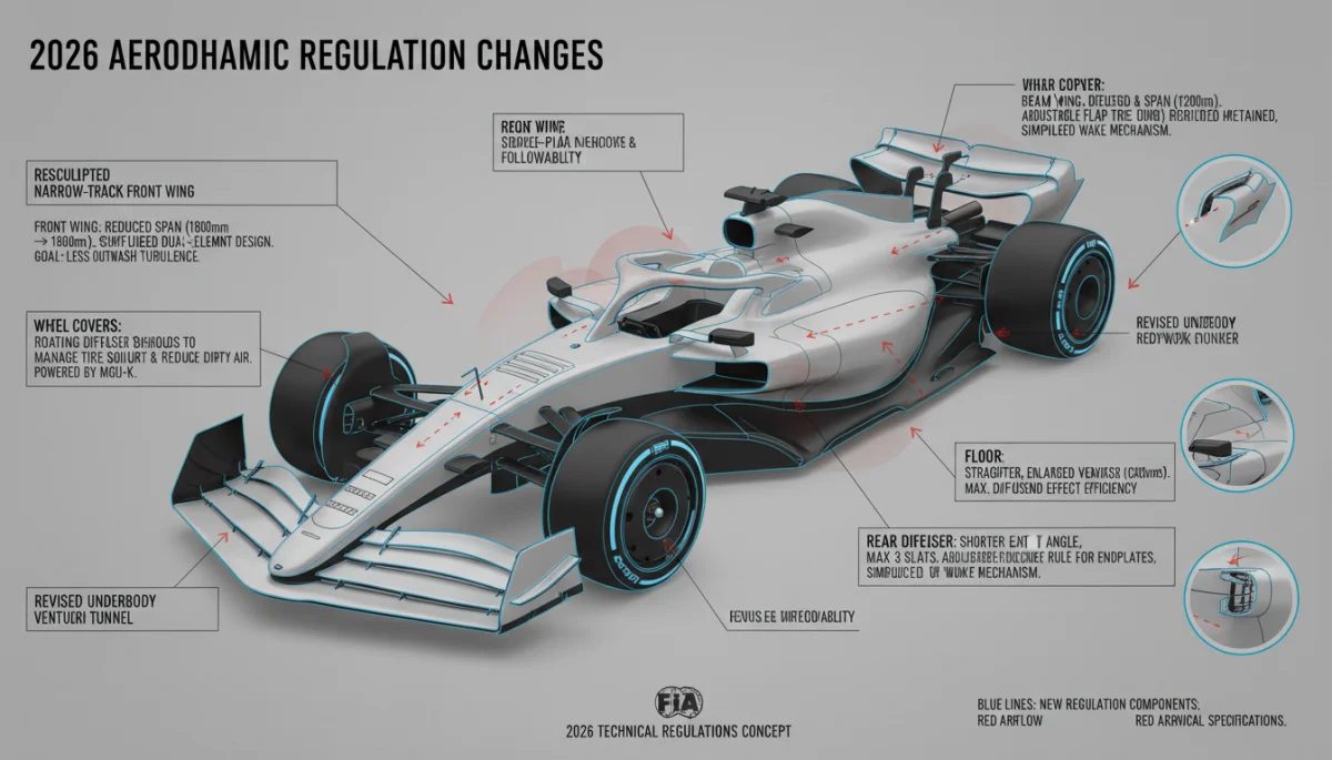 Diagram showing aerodynamic changes in a 2026 championship vehicle.