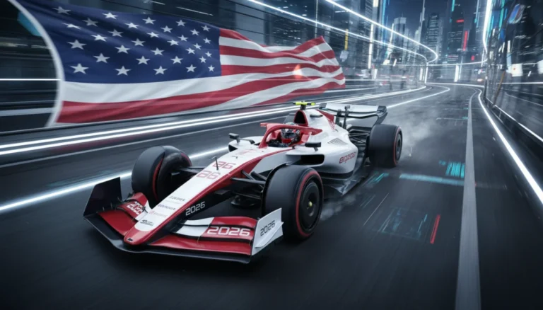 American F1 car on track, symbolizing the rise of US talent for 2026 season