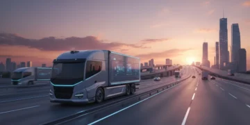 Autonomous semi-truck on highway, sunrise, future of trucking