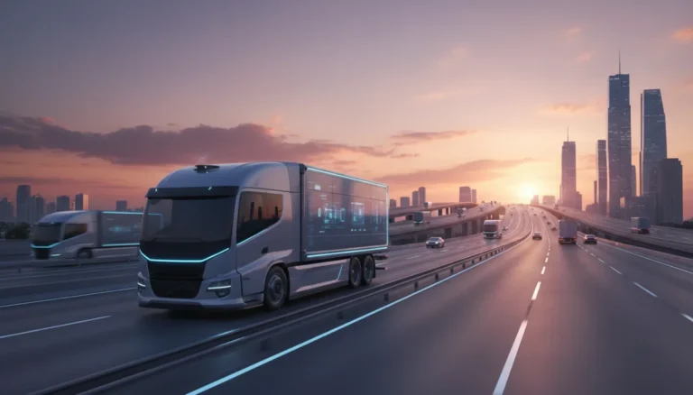 Autonomous semi-truck on highway, sunrise, future of trucking