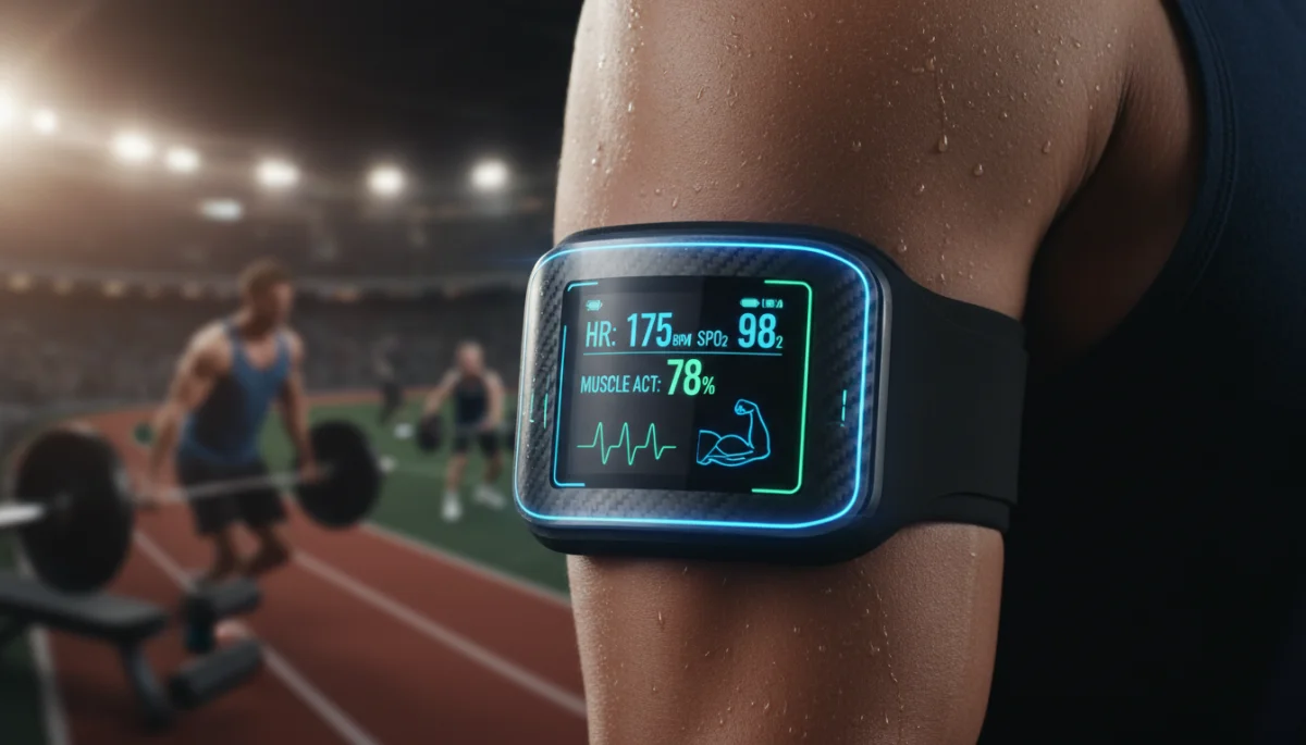 Wearable biometric sensor displaying real-time athlete performance data during training.