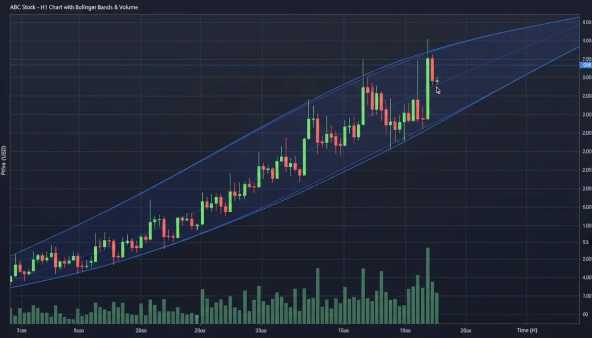 Candlestick chart illustrating a successful Bollinger Band squeeze breakout with increased volume