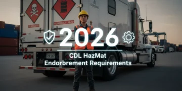 Truck driver with hazardous materials placards, symbolizing 2026 CDL HazMat endorsement changes.