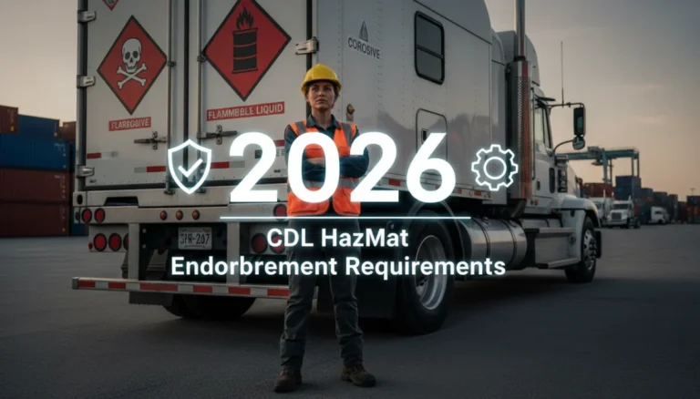 Truck driver with hazardous materials placards, symbolizing 2026 CDL HazMat endorsement changes.