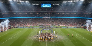Celebrating championship team in a packed stadium with confetti and bright lights, 2026