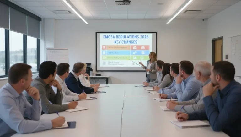 Commercial drivers attending a training session on new FMCSA regulations for 2026