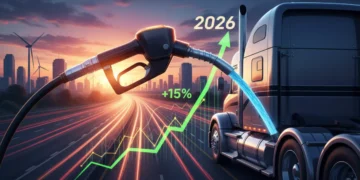 Fuel pump with diesel nozzle filling a truck, financial graph showing upward trend, 2026, and percentage increase, symbolizing rising diesel prices.