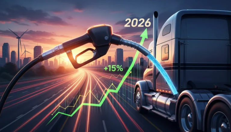 Fuel pump with diesel nozzle filling a truck, financial graph showing upward trend, 2026, and percentage increase, symbolizing rising diesel prices.