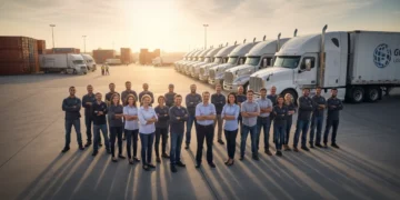 Truck drivers smiling in front of modern semi-trucks, symbolizing a growing workforce.
