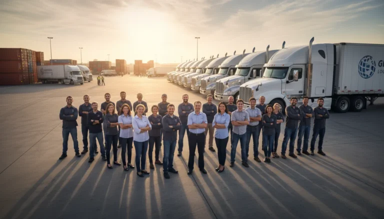 Truck drivers smiling in front of modern semi-trucks, symbolizing a growing workforce.