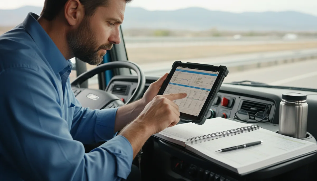Truck driver reviewing electronic logging device for HOS compliance
