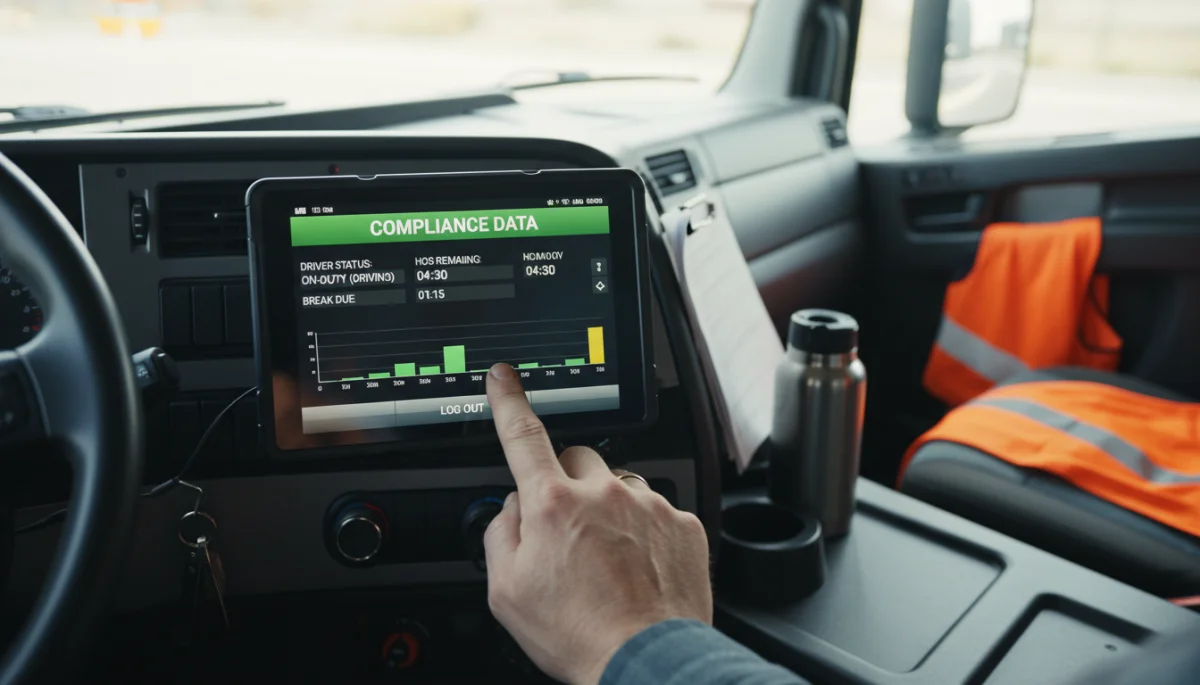 Electronic Logging Device (ELD) showing hours of service compliance for truck drivers