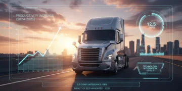Semi-truck with digital efficiency overlay on highway, symbolizing ELD mandate impact