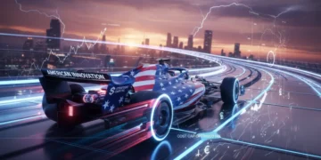Futuristic American F1 car on track, symbolizing 2026 cost cap impact