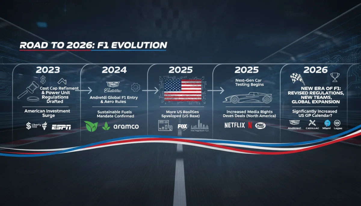 Infographic detailing F1 2026 season timeline and US investment growth