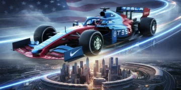 Futuristic F1 car with prominent US brand logos on a race track, symbolizing 2026 partnerships