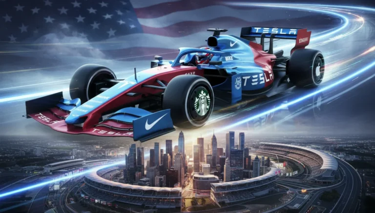 Futuristic F1 car with prominent US brand logos on a race track, symbolizing 2026 partnerships