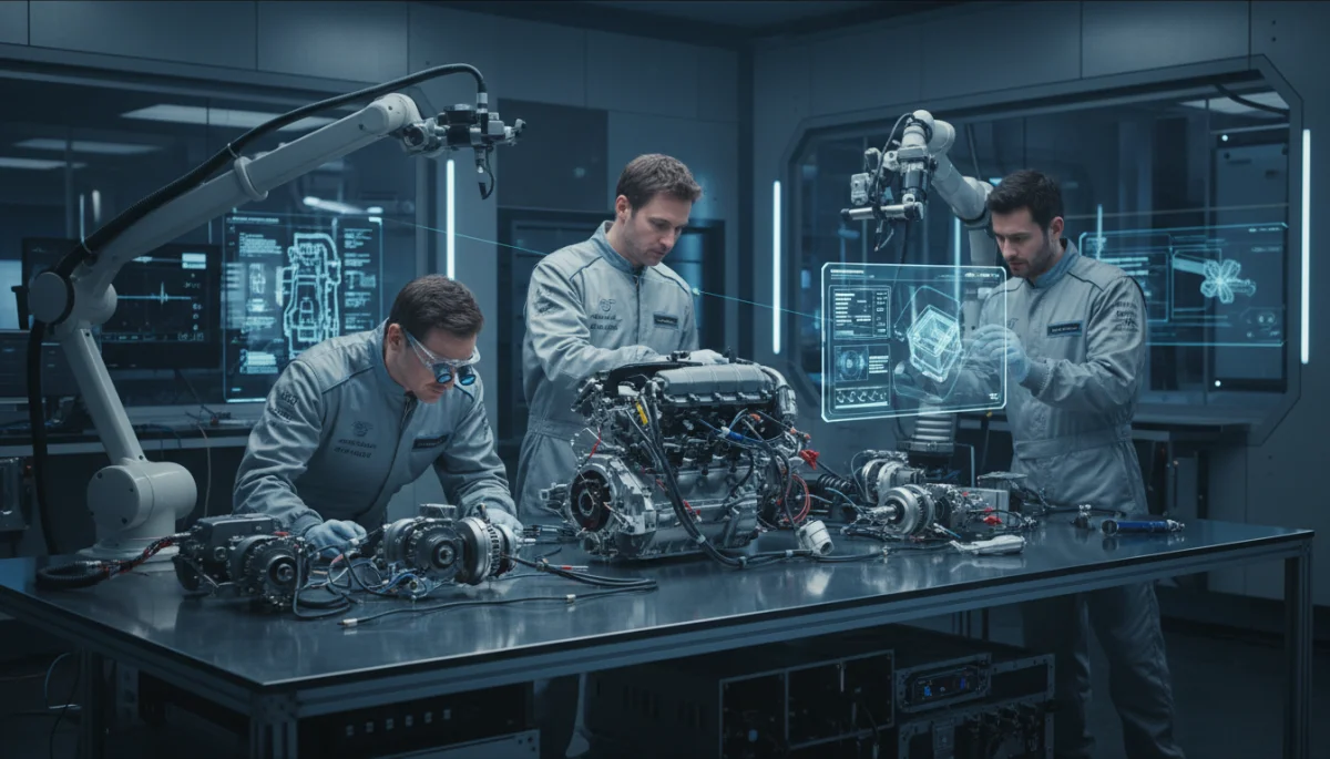 Engineers inspecting a complex Formula 1 power unit in a state-of-the-art facility.