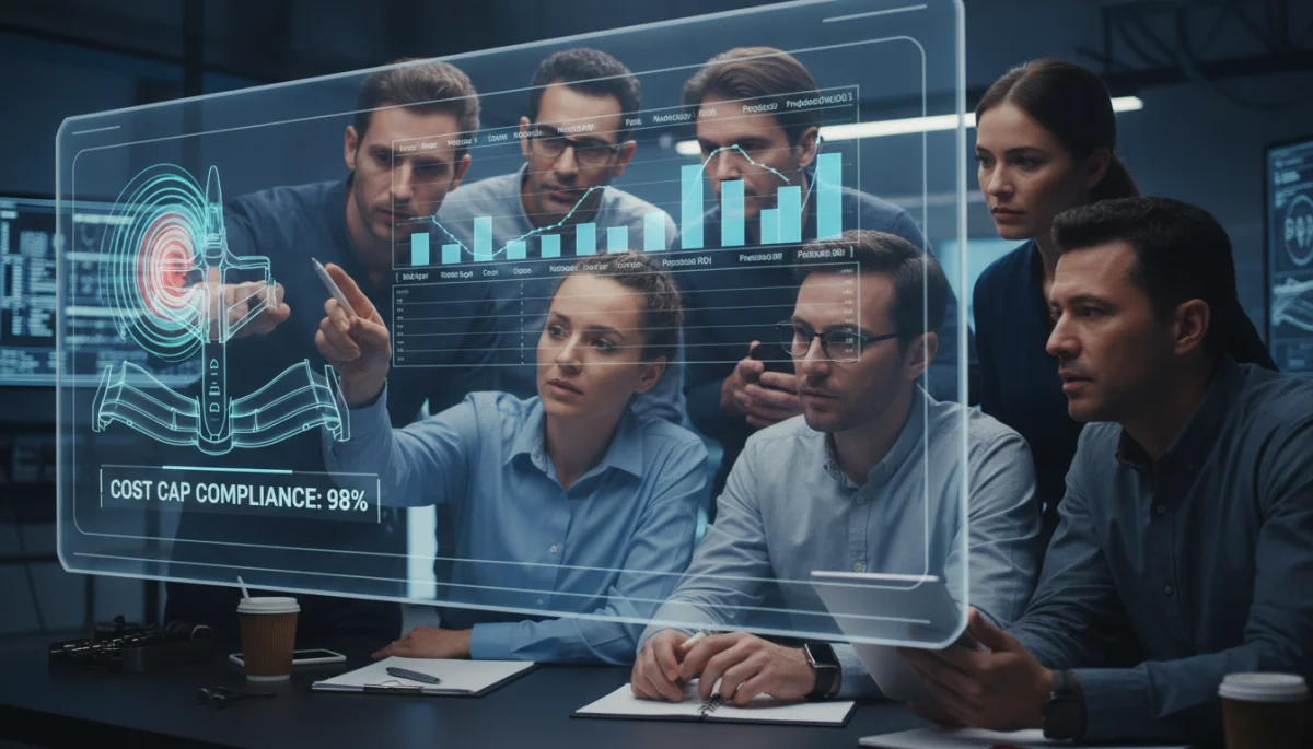 F1 engineering team analyzing design and budget data for 2026 regulations