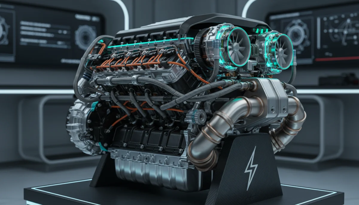 Close-up of a complex F1 hybrid power unit, highlighting advanced engineering