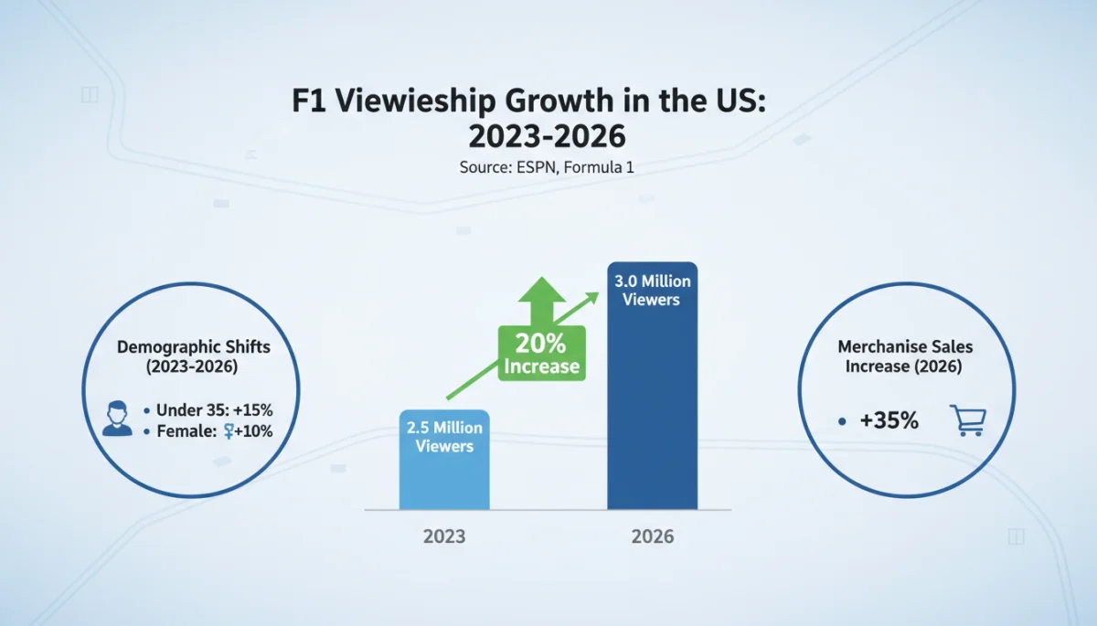 Infographic detailing 20% F1 viewership increase in US, demographic shifts, and merchandise sales growth, 2023-2026.