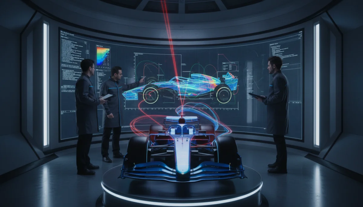 Engineers analyzing F1 car aerodynamics in a wind tunnel