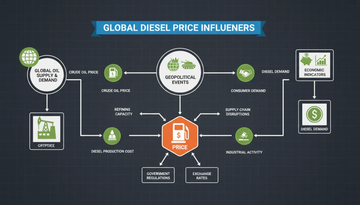 Infographic illustrating global oil supply, demand, geopolitical factors, refining capacity, and economic growth influencing diesel prices.