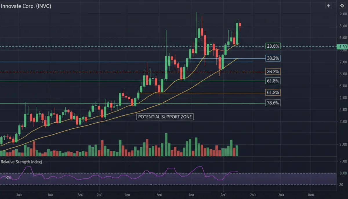 Detailed chart showing Fibonacci retracement levels on a tech stock with RSI