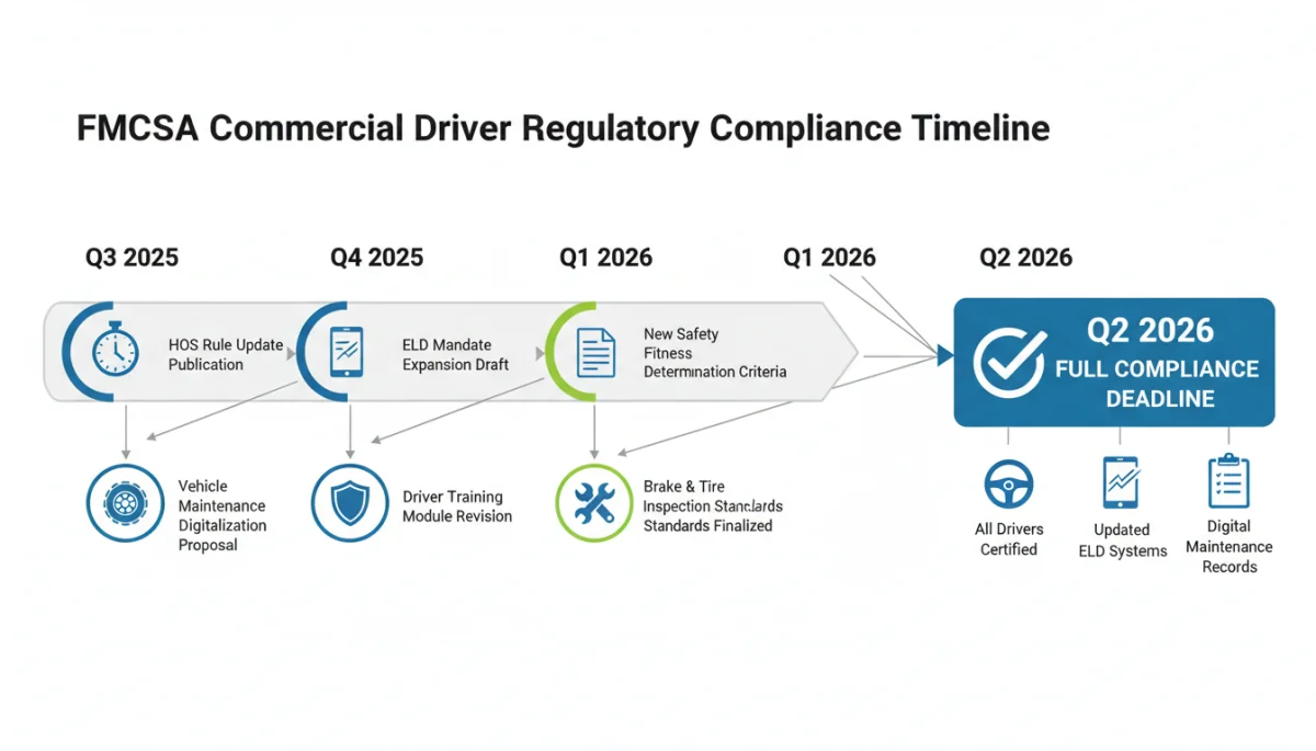 Infographic timeline for FMCSA 2026 compliance milestones for commercial drivers