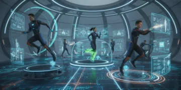 Athletes training with advanced holographic technology and biometric sensors for peak performance.