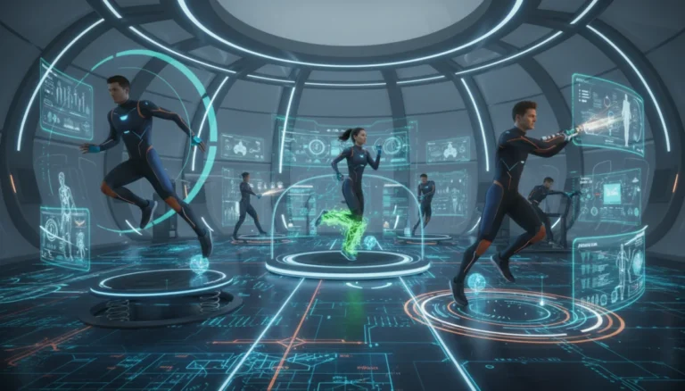 Athletes training with advanced holographic technology and biometric sensors for peak performance.