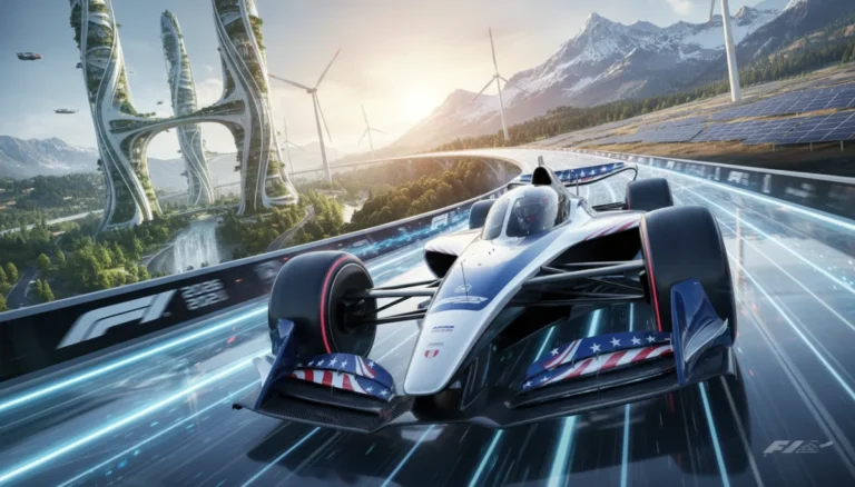 Futuristic F1 car on track, representing 2026 regulations and US impact