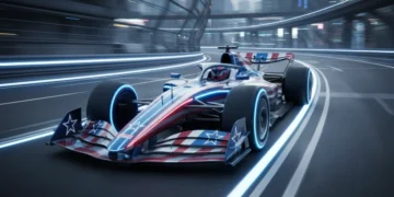 Futuristic F1 car with US flag design, advanced aerodynamics