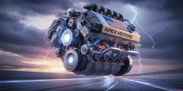 Futuristic Formula 1 engine with US branding, highlighting advanced engineering and power.