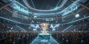 Futuristic stadium with digital fan engagement displays and cheering crowd