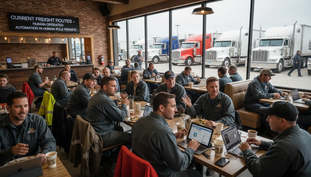 Human truck drivers discussing future of trucking at truck stop