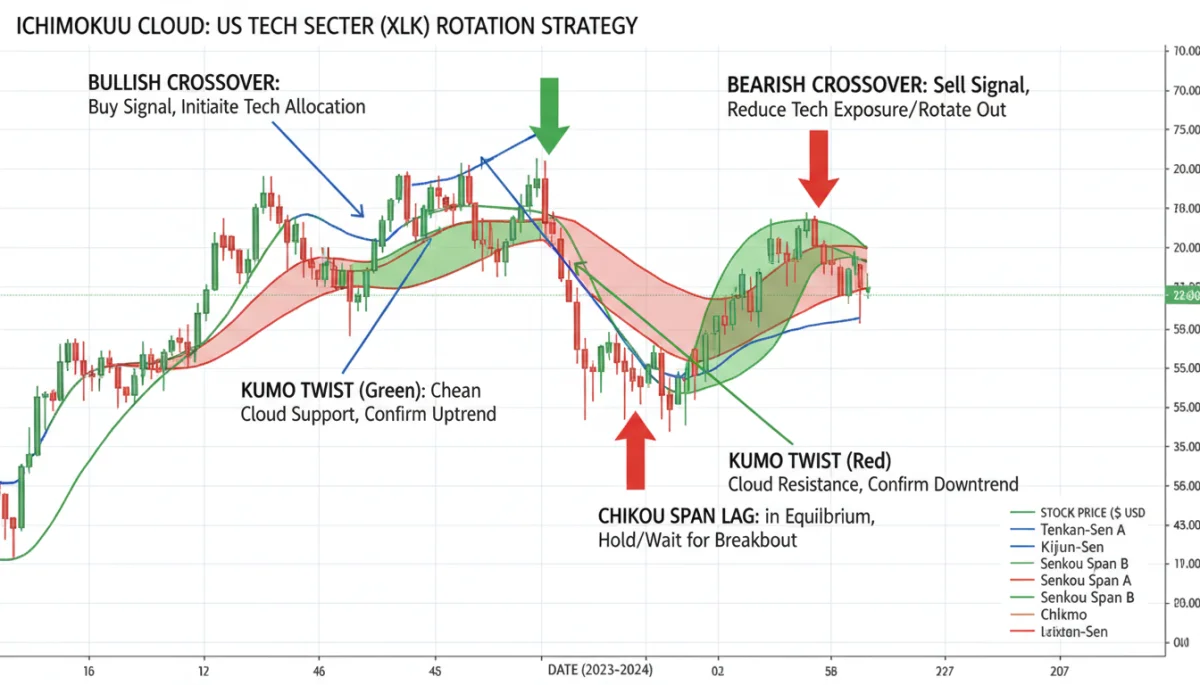Ichimoku Cloud applied to a US sector stock chart, showing buy/sell signals for rotation.