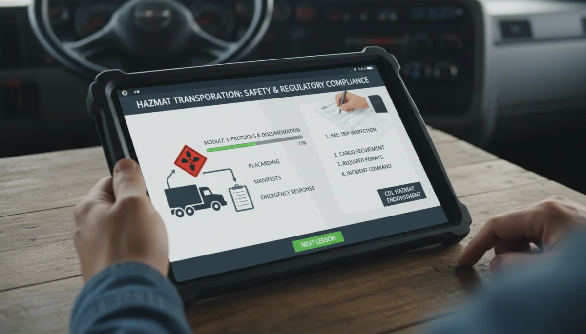 Digital tablet showing online hazardous materials training module for CDL endorsement.