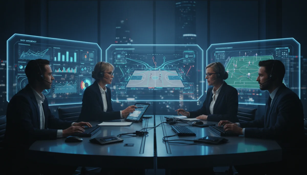 Sports analysts interpreting complex data visualizations in a control room