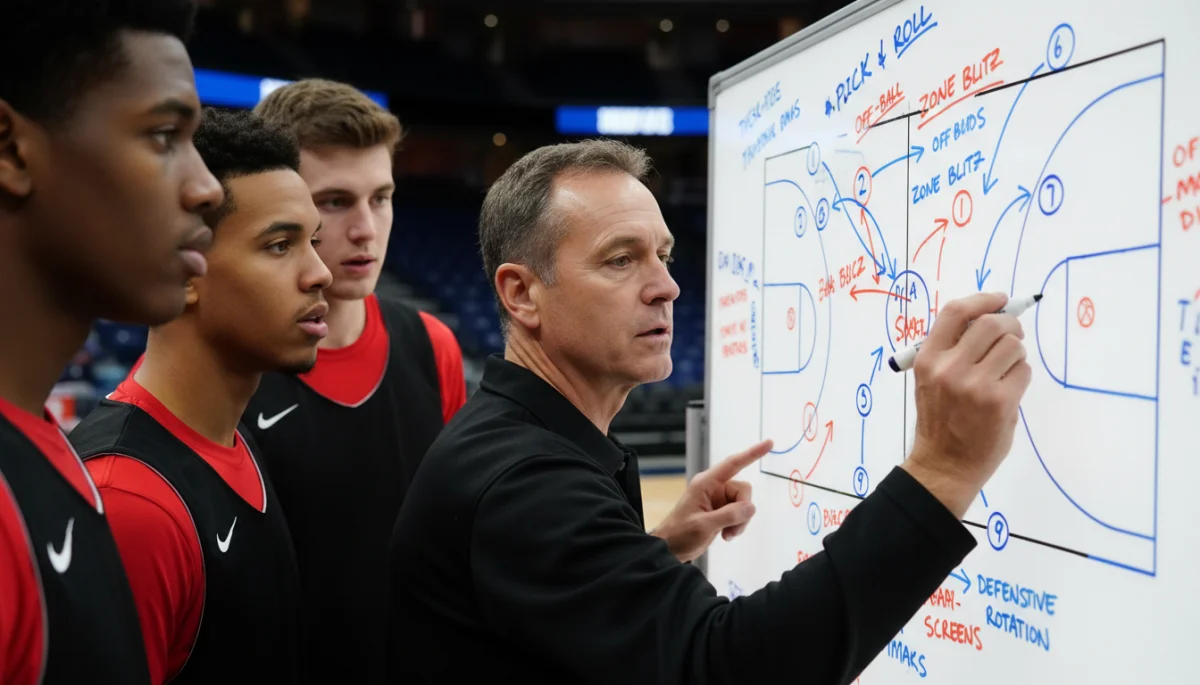 Coach explaining complex tactical shifts on whiteboard