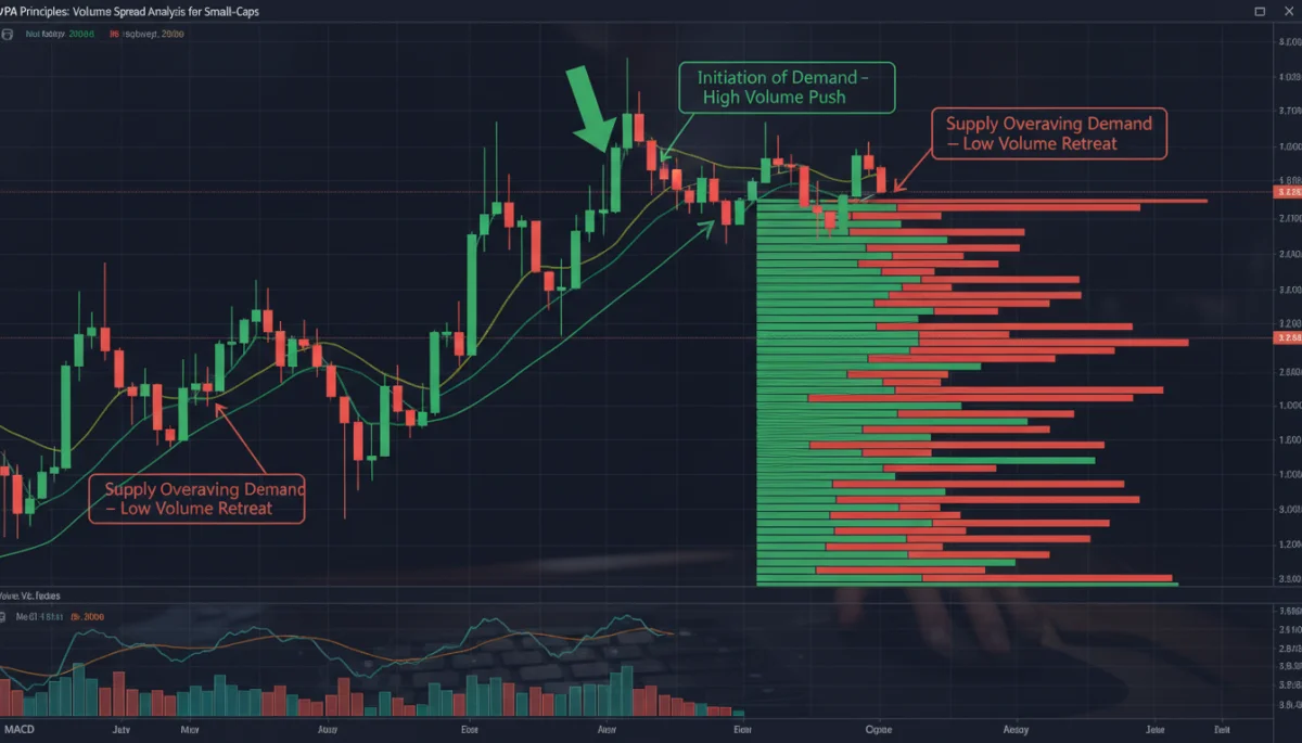 Technical analysis screen showing volume price analysis indicators for small-cap stocks