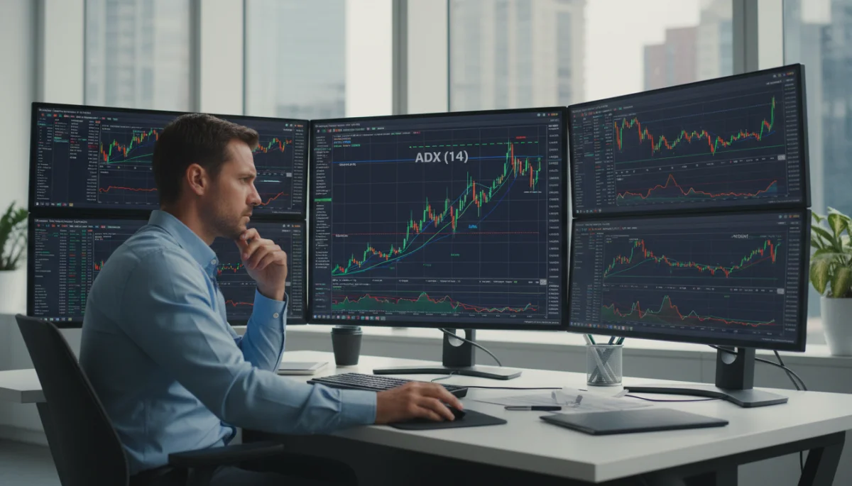 Trader analyzing ADX indicator data on multiple screens